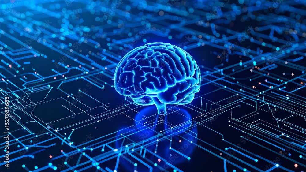 Poster brain on circuit board: this high-tech image showcases a glowing brain superimposed over an intricat