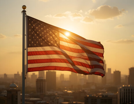 American flag waving in the sunlight against city skyline at sunset or sunrise