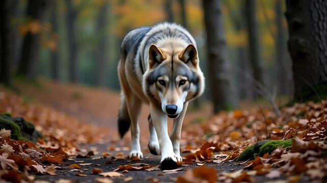 Wolf walking on forest path covered in autumn leaves in natural environment
