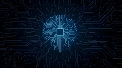 AI Face Silhouette with Digital Circuit Background in Blue Tones