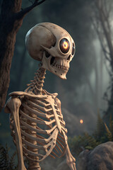 Spooky Skeleton With Glowing Eyes In Forest