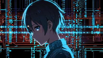 AI Face Silhouette with Digital Circuit Background in Blue Tones