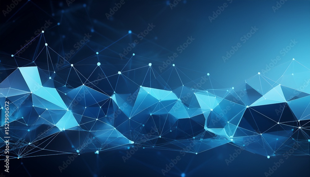 Poster abstract geometric network background with transparent blue polygons and connected dots for technolo