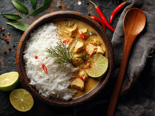 Overhead shot of chicken curry with rice in a wooden bowl with lime and red chili peppers on a dark surface