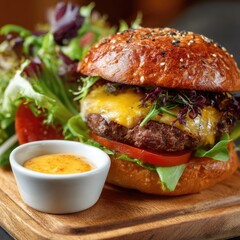 Delicious gourmet burger with fresh toppings and a side salad.  A juicy beef patty, melted cheese, crisp lettuce, tomatoes, and a flavorful sauce are artfully arranged on a toasted bun