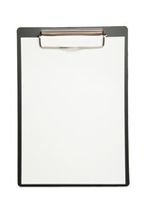 Black clipboard with blank paper sheet isolated on white background.
