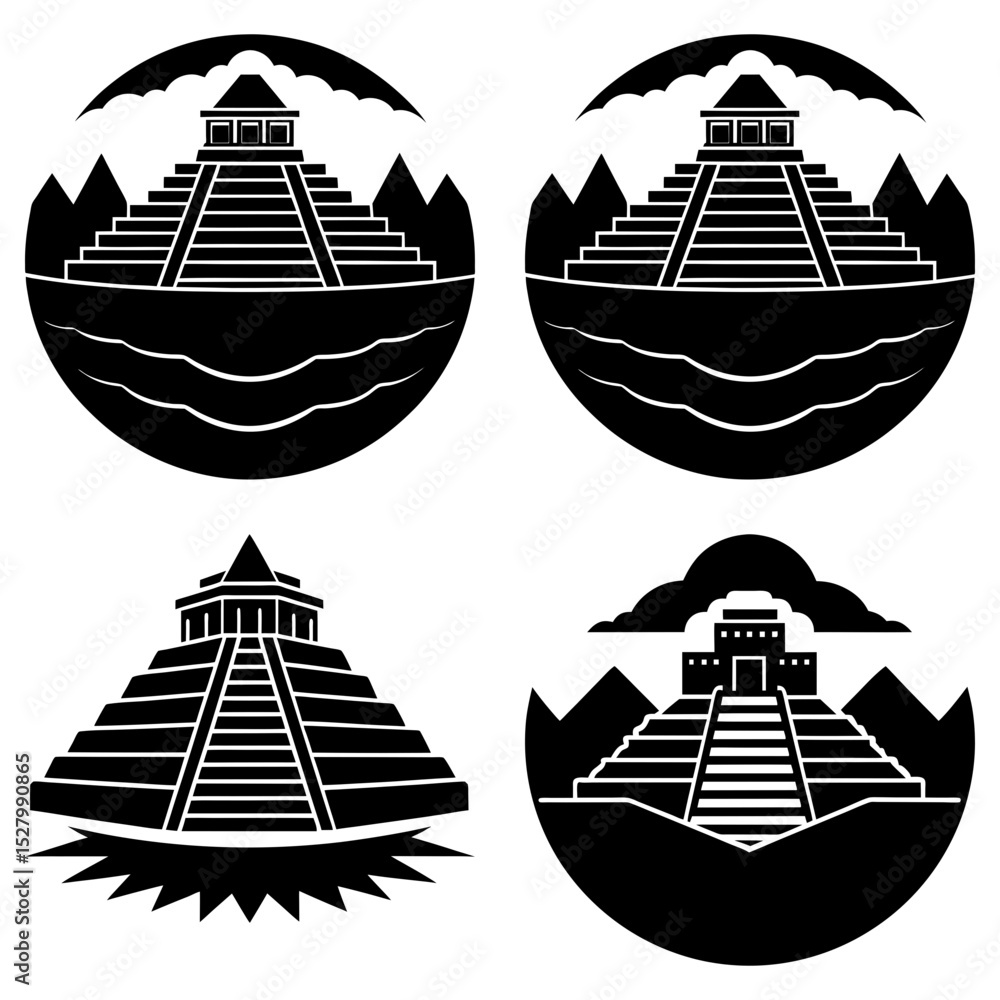 Poster four black and white icons featuring mayan pyramids with various background elements in a circular f