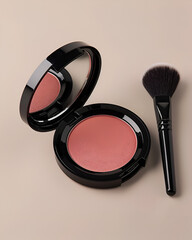 Blush compact and brush flat lay, beige background
