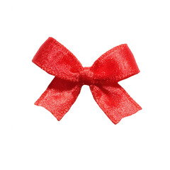 A vibrant red ribbon bow with a shiny texture, perfect for gift wrapping, decorations, or crafting. The bow stands out with its bright color against a white isolated background.
