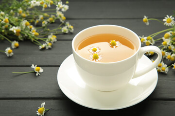 Aromatic herbal tea in white cup and chamomiles on black wooden background. Space for text