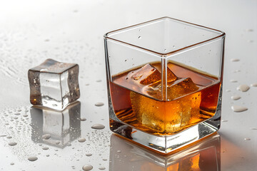 Whiskey with Ice Cubes on Reflective Surface