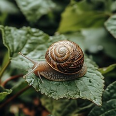 A beautiful snail resting on a green leaf highlighting its spiral and natural habitat
