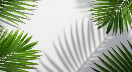 Green palm leaves frame a bright white background casting soft shadows on its surface