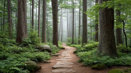 Serene Pathway Through a Dense Forest in Misty Conditions