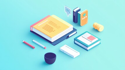 Colorful stationery items and books arranged on a bright background.