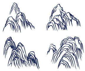 Chinese Hand Drawn Mountain Vector Illustration – Minimal Landscape Line Art in Ink Style for Eastern Design Themes, Book Covers, and Decor Elements
