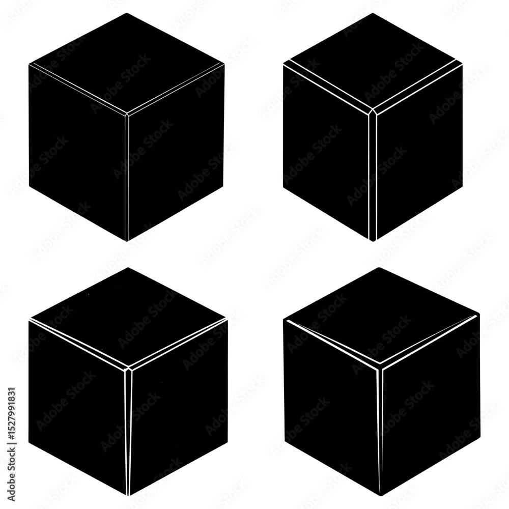 Aufkleber four black isometric cubes with varying edge highlights arranged on a white background in a square g