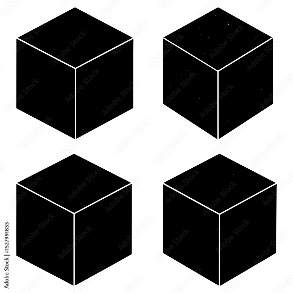 Aufkleber four isometric black cubes arranged in a square pattern with thin white outlines on a white backgrou