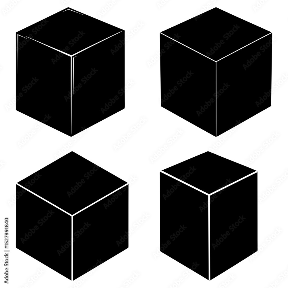 Poster four black cubes with white outlines arranged in a square formation on a white background simple and