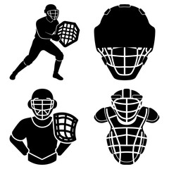 Silhouette illustrations of a baseball catcher in action and protective gear on a white background