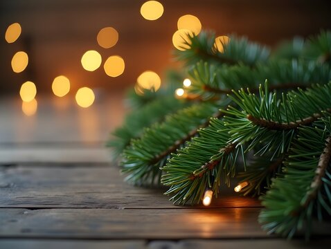 Pine Branch on Rustic Wood with Bokeh Lights for Christmas Decor