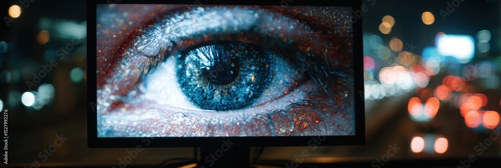 Poster Blurred Computer Screen Displaying Eye Strain Message With Dark Ambient Lighting at Nighttime