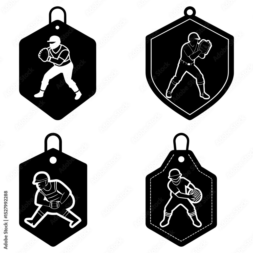 Aufkleber four baseball player icons in various defensive positions on tags with different shapes and styles