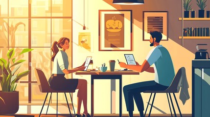 A man and woman sitting at a table in a cozy coffee shop enjoying each other's company and laughter