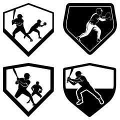 Four baseball diamond icons showcasing players batting catching and sliding in black and white silhouettes
