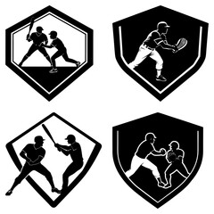 Collection of baseball and football players in action poses within decorative shield and diamond shapes design