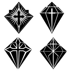 Collection of four diamond shaped emblems featuring crosses in black and white design elements art 100
