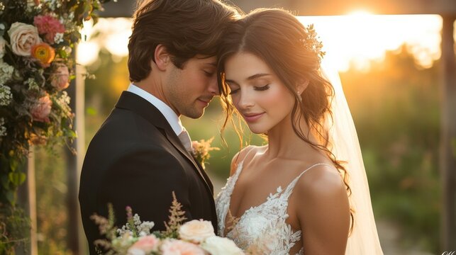 Fototapeta A radiant couple stands closely together, embracing each other with love during their vineyard wedding. The warm sunset casts a golden glow, enhancing the romantic atmosphere.