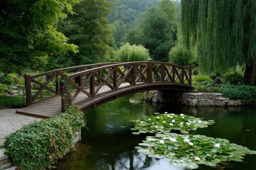 Wooden bridge arcs over pond with lily pads surrounded by lush greenery