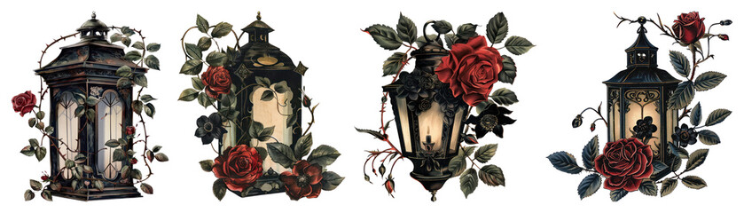 Plakat PNG Vintage lanterns with red roses, element set on transparent background