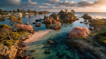 Shallow coastal salt pans creating mirror effects at twilight, submerged sandbars dividing pink-tinted water, surreal landscape.