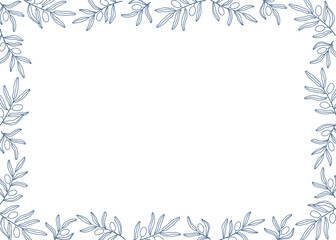 Frame with hand drawn outline blue olive branches. Mediterranean theme border design