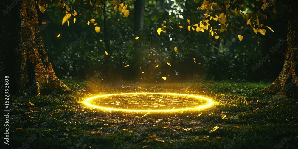 Poster magic circle pulsing on the ground in a twilight glade