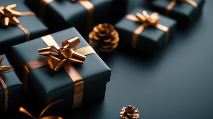 A sophisticated arrangement of black gift boxes adorned with golden ribbons and accents, conveying feelings of celebration, elegance, and anticipation for special occasions.