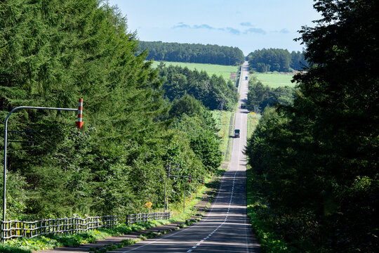 北海道 中標津町 地平線まで続く直線道路とミルクロードの絶景