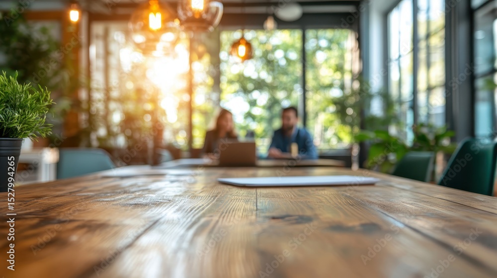 Poster an inviting modern meeting space under sunlight showcases a collaborative atmosphere with greenery, 