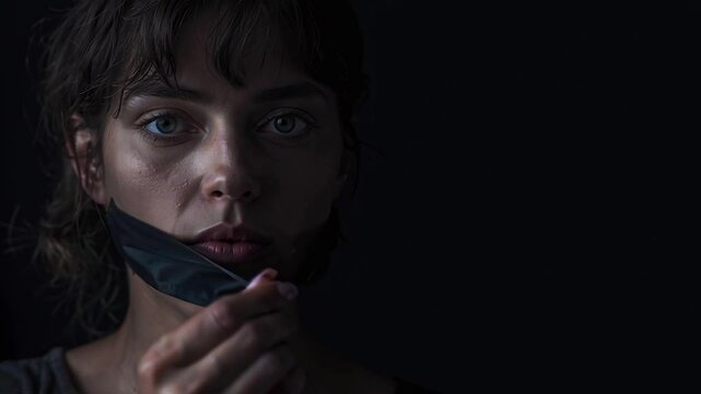 Young woman with blue eyes and mouth covered by black tape representing censorship, silencing and restriction of free speech removing the tape, with dramatic lighting and dark background
