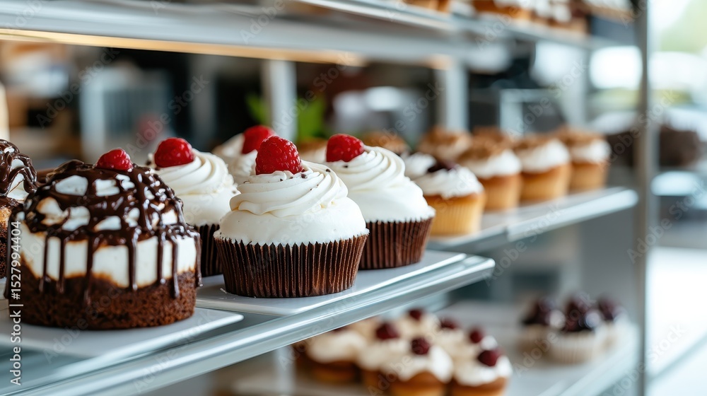 Poster an enticing display of assorted cupcakes with colorful frosting and toppings on shelves, showcasing 