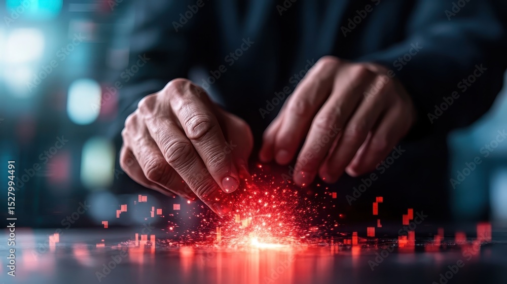 Poster a close-up of hands manipulating vibrant light particles, demonstrating the interplay of technology 