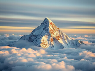 Majestic snow capped mountain peak rises above sea of clouds, illuminated by warm golden sunlight during sunrise