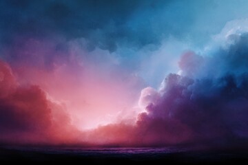 Obraz premium Dramatic skyscape with vibrant clouds transitioning from deep blue to pink, violet, and dark black base reflecting ocean waters below.