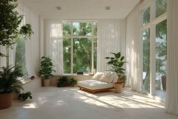 Bright, airy sunroom with daybed and lush plants. Natural light floods the space, creating a tranquil escape.