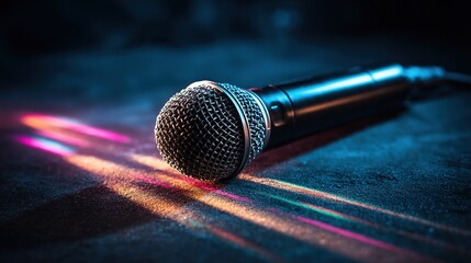 Obraz premium Stage microphone glowing under vibrant lights, capturing the essence of live performance energy 