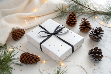 Elegant Gift Box Surrounded by Pine Cones