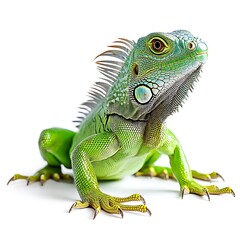 Isolated image of a green iguana with intricate scales and spiny back