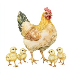 Watercolor hen with chicks.  Cute farm animals